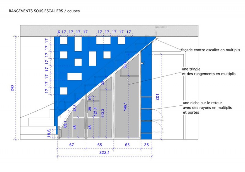 Plan de détail des rangements sous escaliers